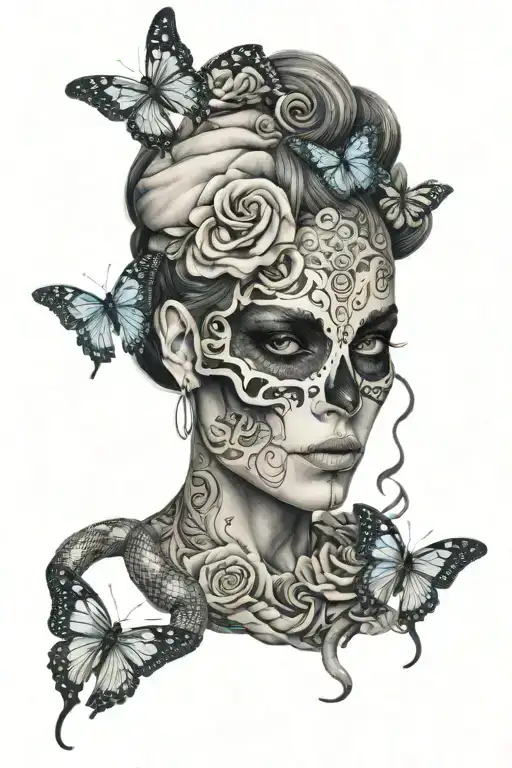 half skull woman face with taurus symbol butterflies and snakes tattoo design idea