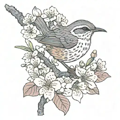 A Bewick's Wren bird resting on a White Plum Blossom branch tattoo design idea
