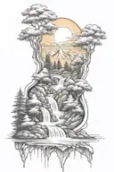 sun mountains river trees waterfall tattoo design idea