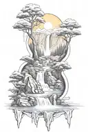 sun mountains river trees waterfall tattoo design idea