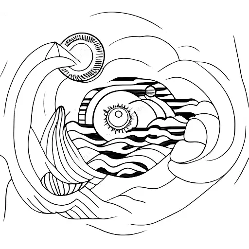 A minimalist tattoo of a serene beach scene at sunset, incorporating the client's favorite elements of the beach and sun tattoo design idea