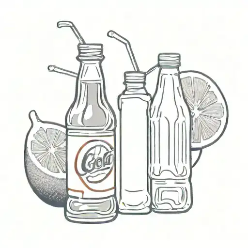 a s can of Pepsi and a Mexican bottle of Coke in front of a tall bottle of orange whiskey tattoo design idea