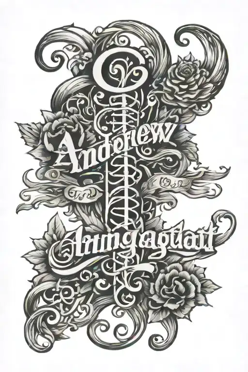 spine tattoo with the name Andrew Danson McNaught in cursive  tattoo design idea