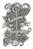 spine tattoo with the name Andrew Danson McNaught in cursive  tattoo design idea