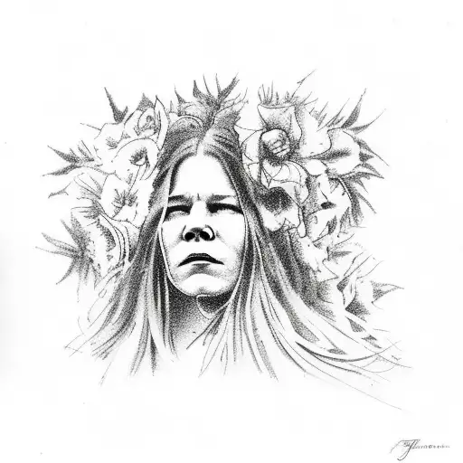 janis joplin with some 60's flowers tattoo design idea