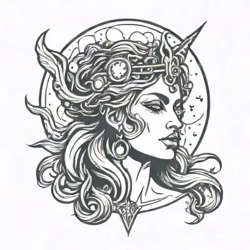 The face of the goddess Hecate with a moon positioned above her head, she has white eyes tattoo design idea