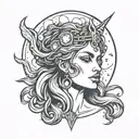 The face of the goddess Hecate with a moon positioned above her head, she has white eyes tattoo design idea