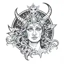 The face of the goddess Hecate with a moon positioned above her head, she has white eyes tattoo design idea