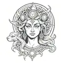 The face of the goddess Hecate with a moon positioned above her head, she has white eyes tattoo design idea