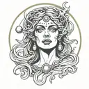 The face of the goddess Hecate with a moon positioned above her head, she has white eyes tattoo design idea