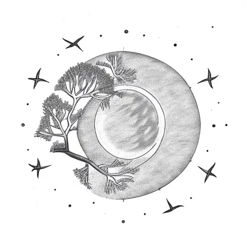 family tree birds half moon sun tattoo design idea