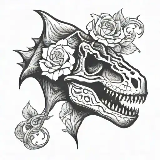 t rex skull and roses tattoo design idea