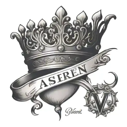 the name Ashreen with the addition of a crown, a musical note and the date VI-VI-MMXIV tattoo design idea