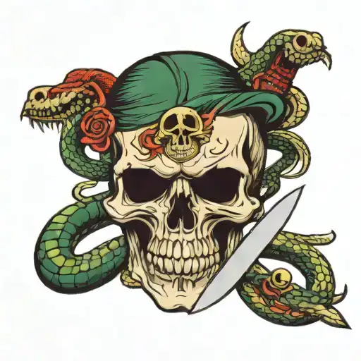 an old school skull with a snake coming out of its mouth and a sword in the background tattoo design idea