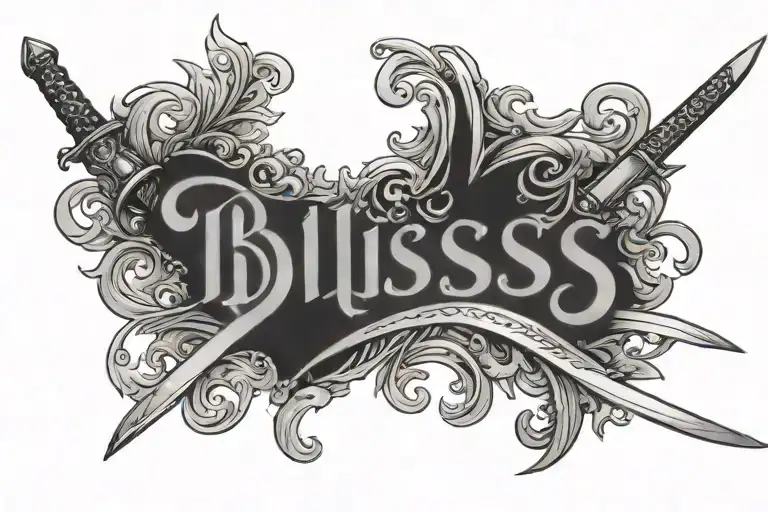 english sword with the word bliss written on the blade in cursive tattoo design idea