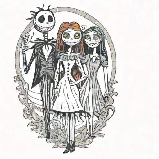 jack and sally, 2 girls and 1 boy, 3 children's spirits above them tattoo design idea