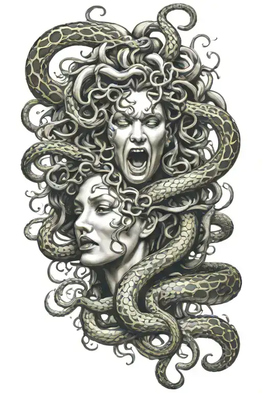 realistic Medusa torso & head surrounded by snakes tattoo design idea