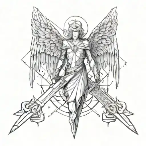 three fallen angel holding a sword tattoo design idea