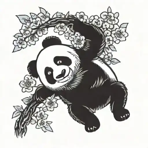 panda hanging upside down with paws out on a cherry blossom tree tattoo design idea