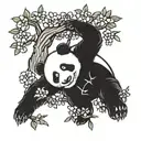panda hanging upside down with paws out on a cherry blossom tree tattoo design idea