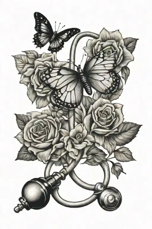 stethoscope intertwined with flowers and butterfly  tattoo design idea