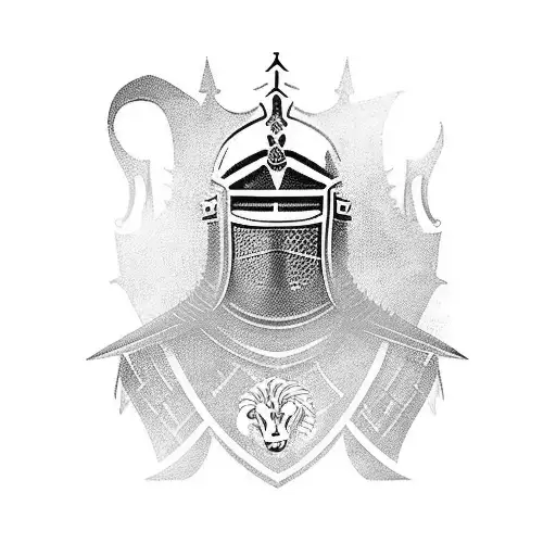 a knight with a lion in the helmet. the words  "vincere malum" need to be incorporated in gothic style tattoo design idea