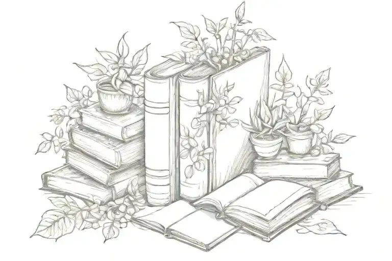 A Sketch style sleave tattoo with plants and books  tattoo design idea
