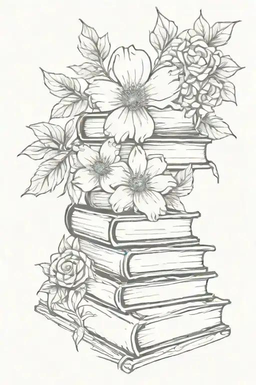 A sketch style tattoo featuring a Flower overgrowing around a stack of books  tattoo design idea