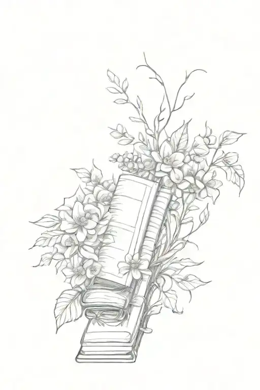 A sketch style patchwork sleeve with vines books flowers and water  tattoo design idea