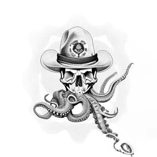 realistic full arm sleeve using skull, bowler hat, ship, octopus, diamonds, hand gun and women's silhouette  tattoo design idea