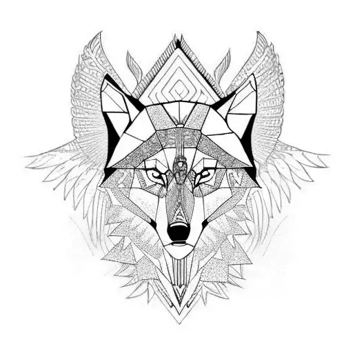 A majestic geometric wolf with wings spread wide tattoo design idea