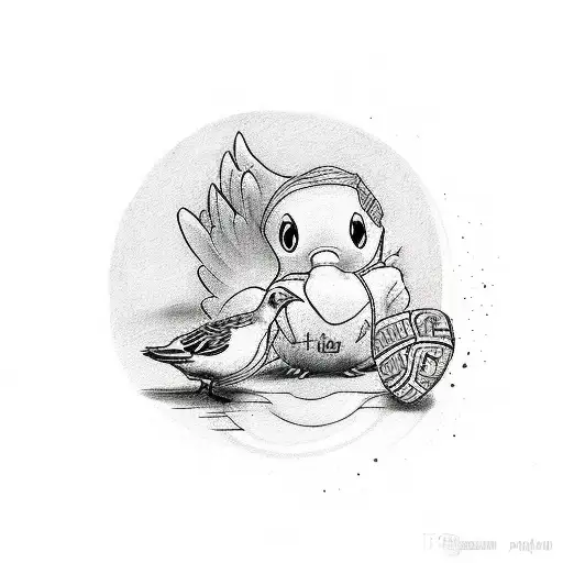 The name Kaiyden with a baby foot and a dove with the date October 13 2021 in Roman nuemerals colored red tattoo design idea