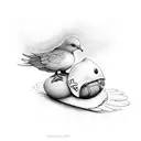 Kaiyden with a babies foot and a dove with the date October 13 2021 in Roman nuemerals colored red tattoo design idea