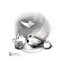 Kaiyden with a babies foot and a dove with the date October 13 2021 in Roman nuemerals colored red tattoo design idea