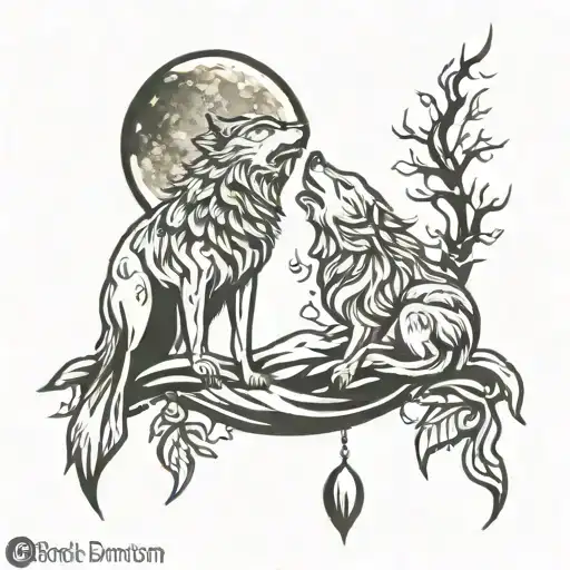 bird and wolf howling moon tattoo design idea