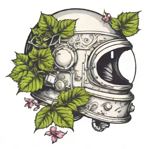 symetrical english ivy growing out of a space helmet with a cracked visor  tattoo design idea