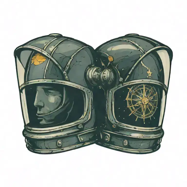 symmetrical space helmet with a cracked visor looking forward tattoo design idea