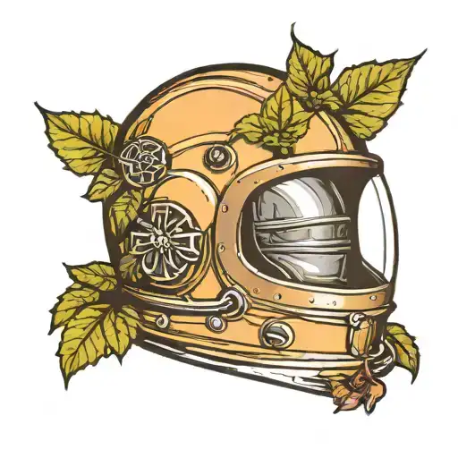 symetrical space helmet with a cracked visor out of which english ivy grows tattoo design idea