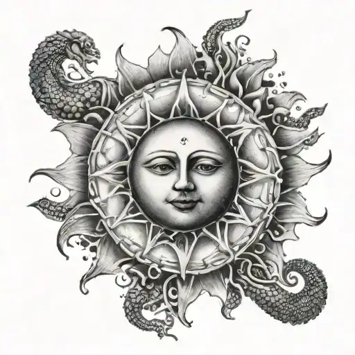 A dotwork tattoo of a sun with snake motifs representing the cycle of life and death tattoo design idea