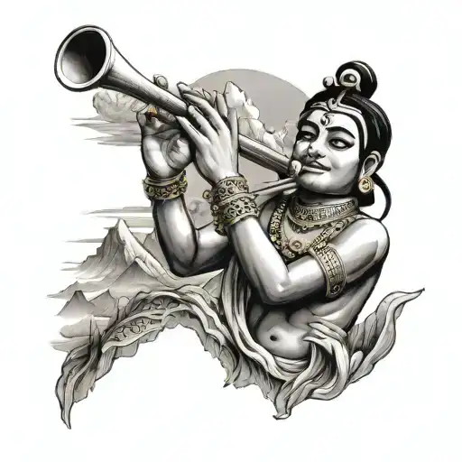 A black-grey tattoo of Krishna playing the flute against a backdrop of mountains from your favorite travel destination tattoo design idea