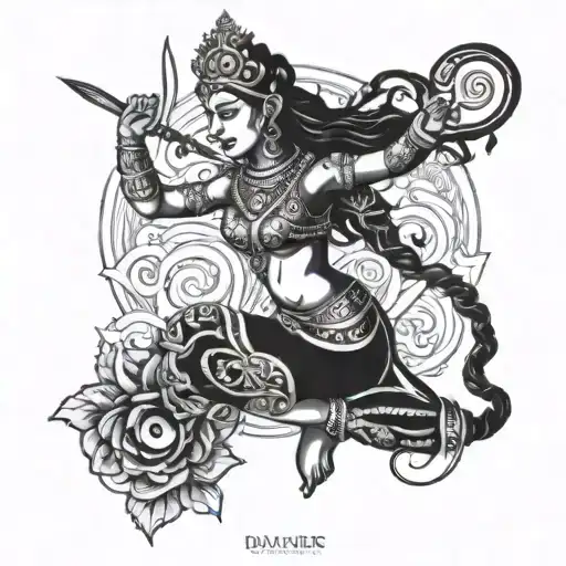 An intricate blackwork tattoo of Durga Devi performing a warrior pose on the beach tattoo design idea