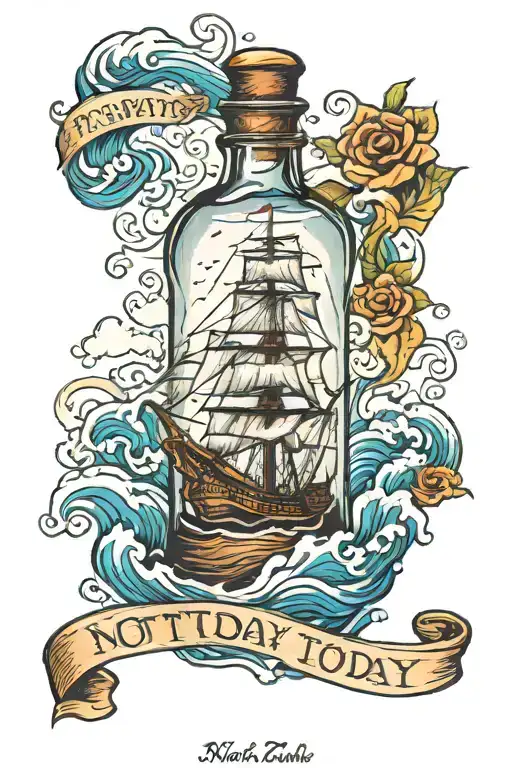 ship in big waves inside bottle with quote "not today"  tattoo design idea
