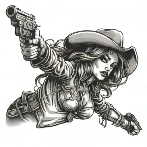 sexy cowgirl with cross and pistols tattoo design idea
