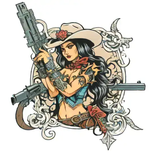 sexy cowgirl with cross and pistols tattoo design idea