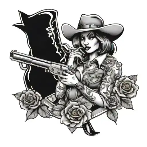 sexy cowgirl with rose and pistols tattoo design idea
