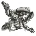 sexy cowgirl with cross and pistols tattoo design idea