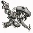 sexy cowgirl with cross and pistols tattoo design idea