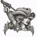 sexy cowgirl with cross and pistols tattoo design idea