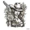 sexy cowgirl with rose and pistols tattoo design idea