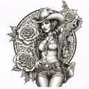 sexy cowgirl with rose and pistols tattoo design idea